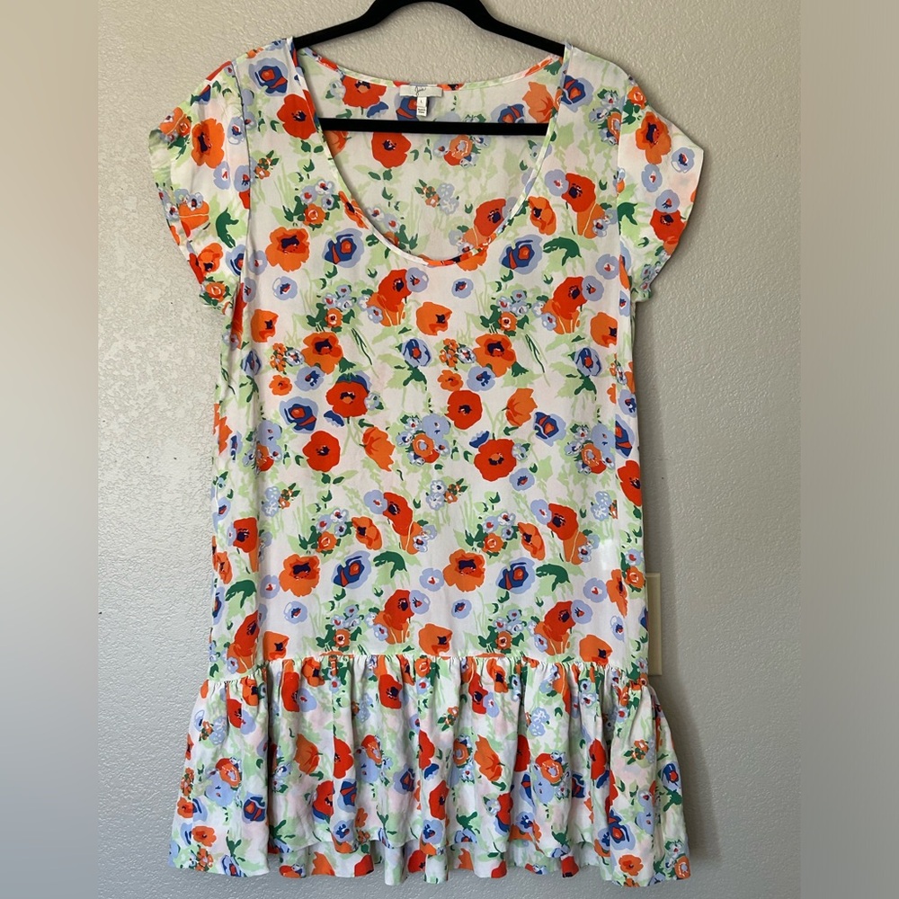 Joie 'Belinda' Poppy Floral-Print 100% Silk Dress Drop Waist Midi Ruffle Sz L